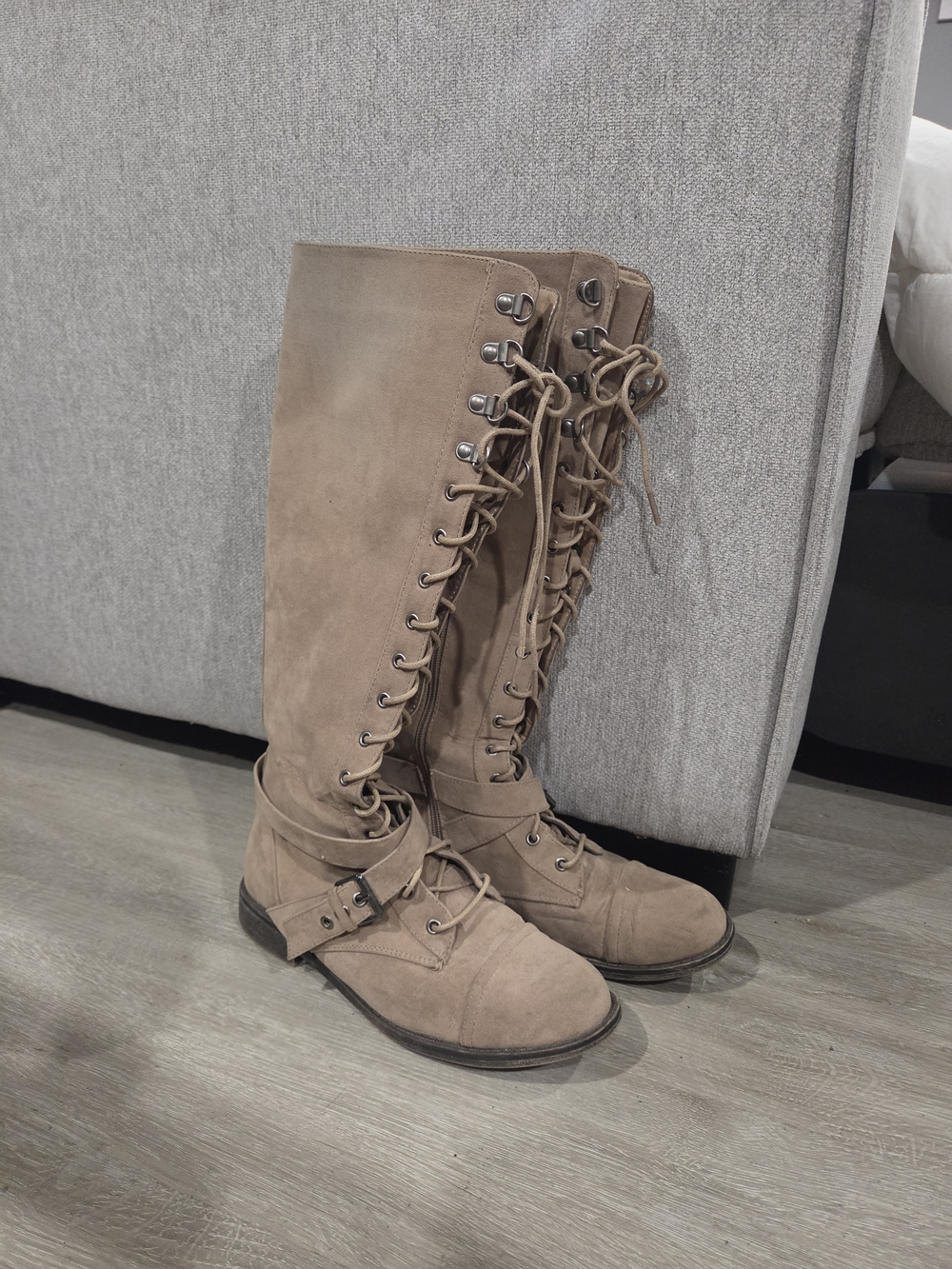 Lace-Up Knee High Women's Boots in Taupe